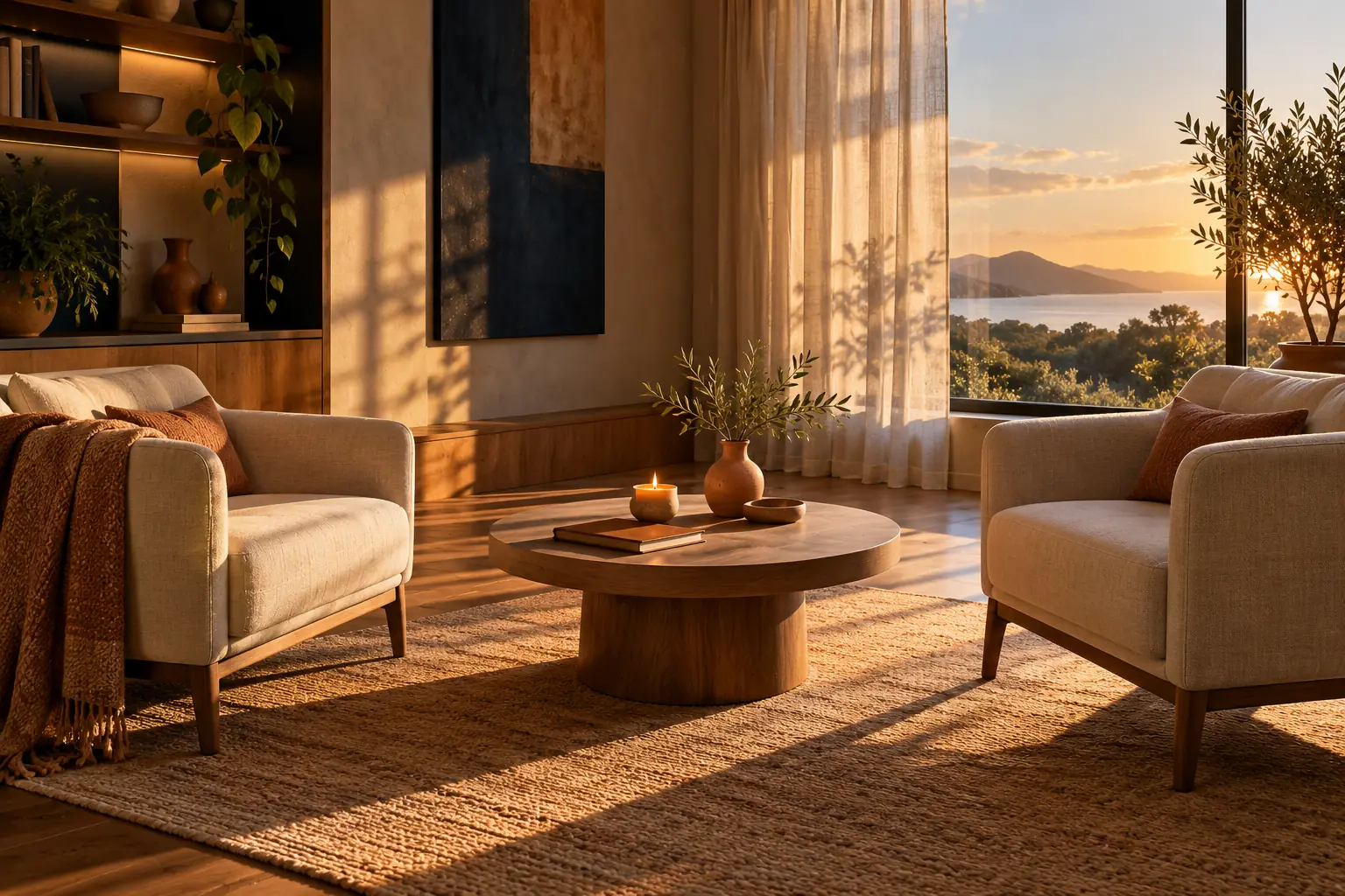 Sala de atendimento serena, com duas poltronas e a luz do sol da tarde